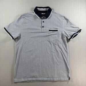DKNY Men's Medium Geometric Navy Stripe Short Sleeve Polo